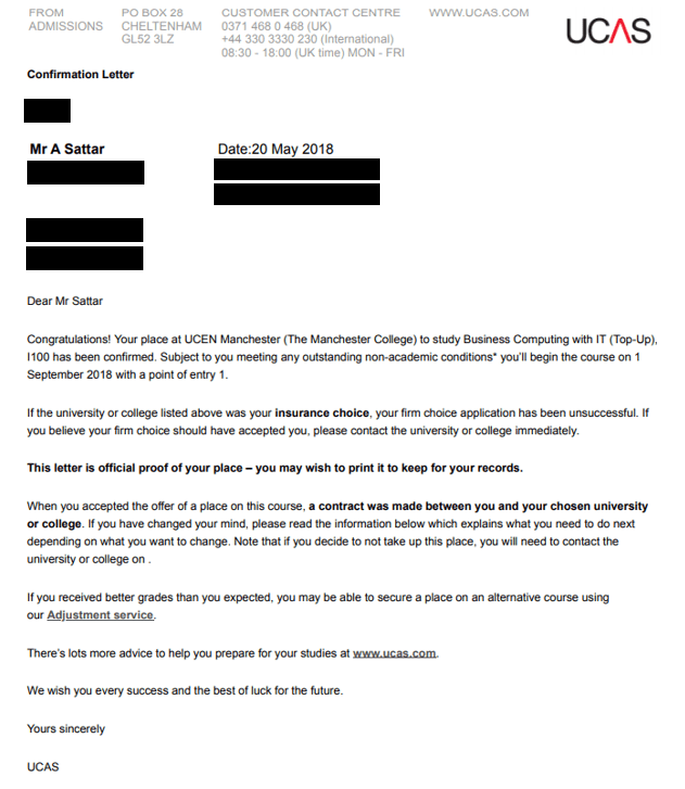 UCAS Degree Acceptance Letter